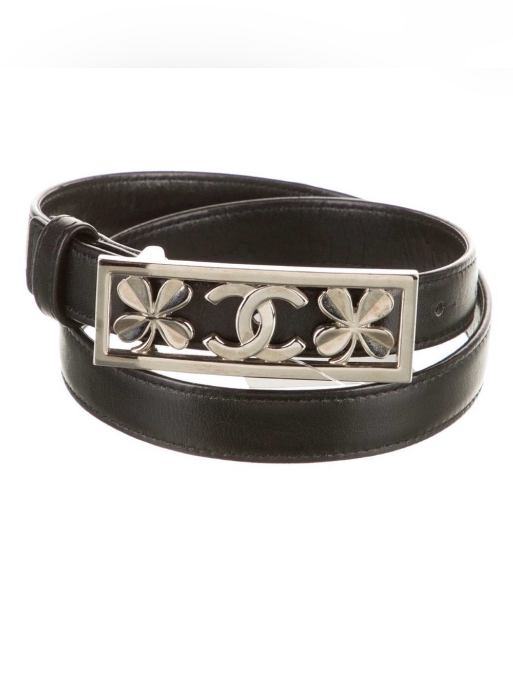 CHANEL VTG .75” Leather Belt, Silver Clover CC Buckle, wear on underside,26” GUC